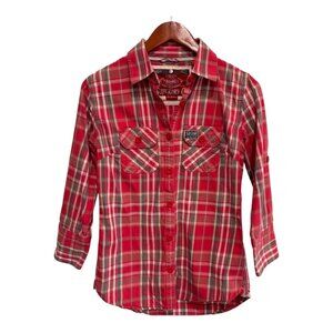 Women's Superdry Co Flannel Button Front Plaid Cotton Shirt Medium Red